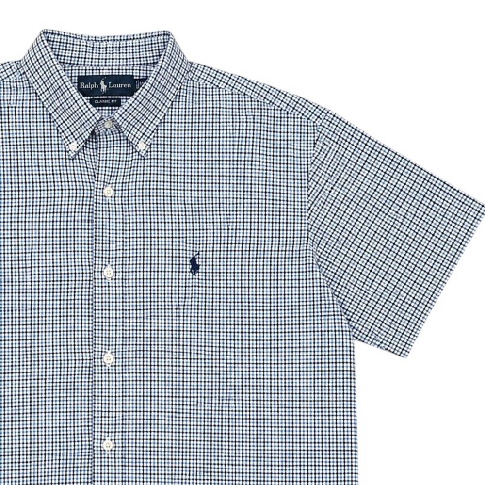VTG‎ Mens 2XL Ralph Lauren Classic Fit Blue Plaid Button Down SS Shirt Preppy